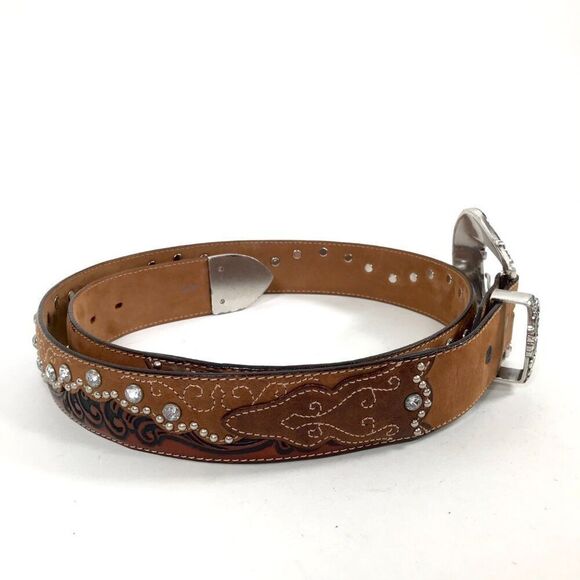 Vintage Y2K Brown Leather Fairy Grunge Boho Hippie Western Rhinestone Belt / 38 - Picture 6 of 9